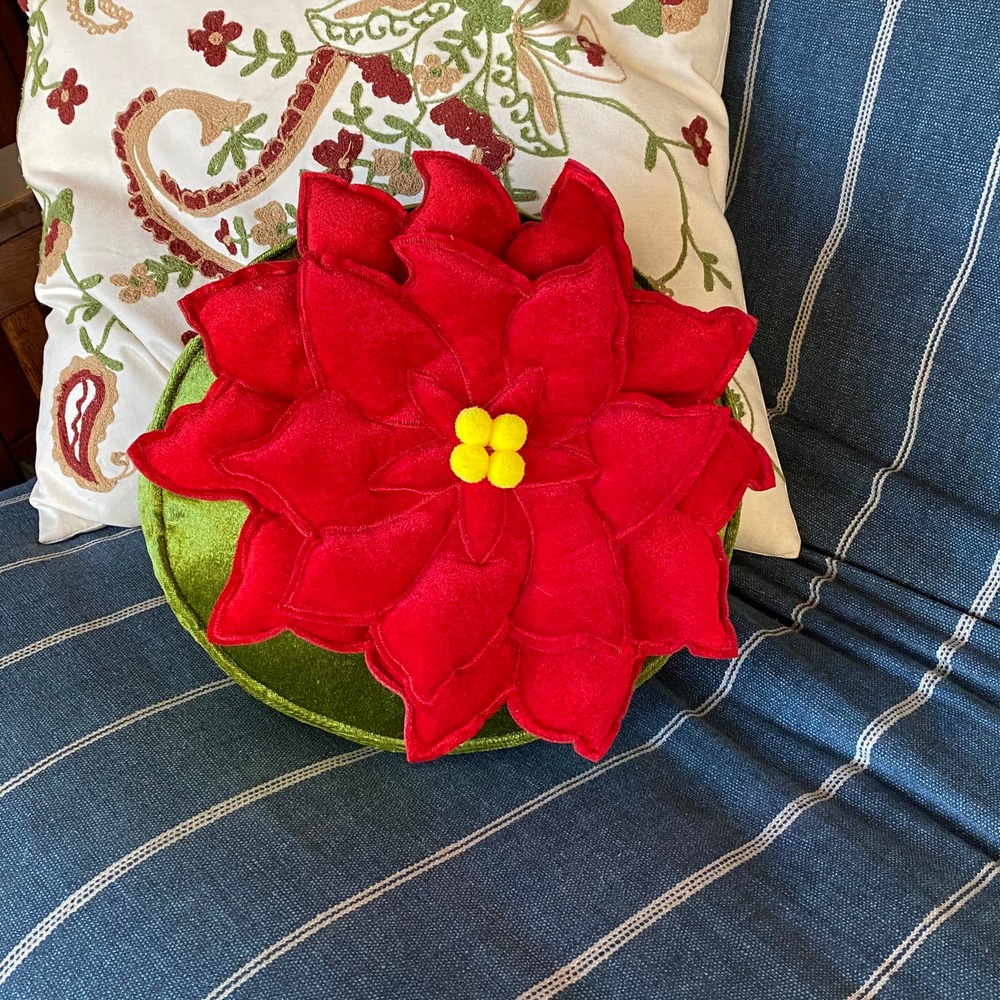 70s Vibe Red & Green Velour Poinsettia‎ Flower 12” Throw Pillow